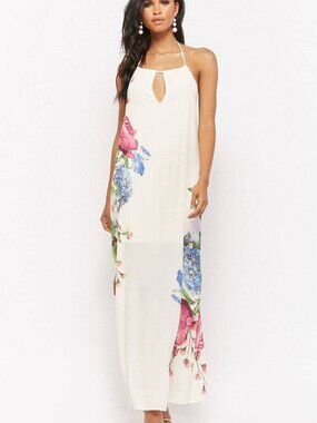 Forever 21 Cream Coral Floral Halter Maxi Dress Small S
